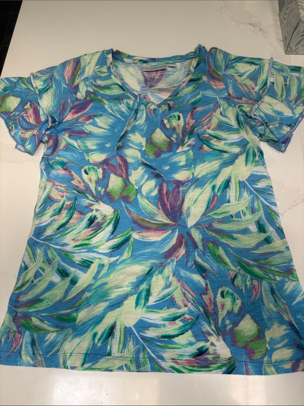 Belle by Kim Gravel Blue Multicolor Floral Short Sleeve V-Neck Top